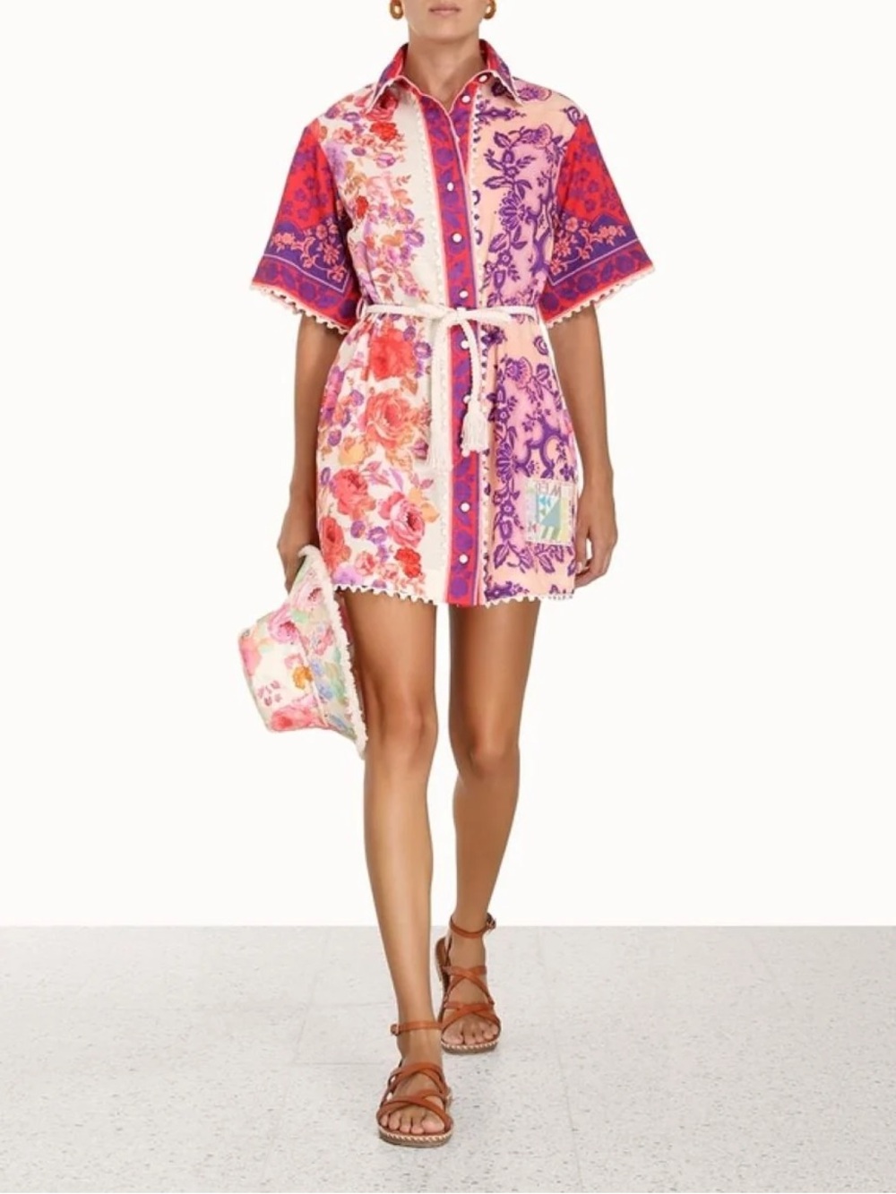 Zimmermann Pink & Purple Floral Patchwork Mini Shirt Dress